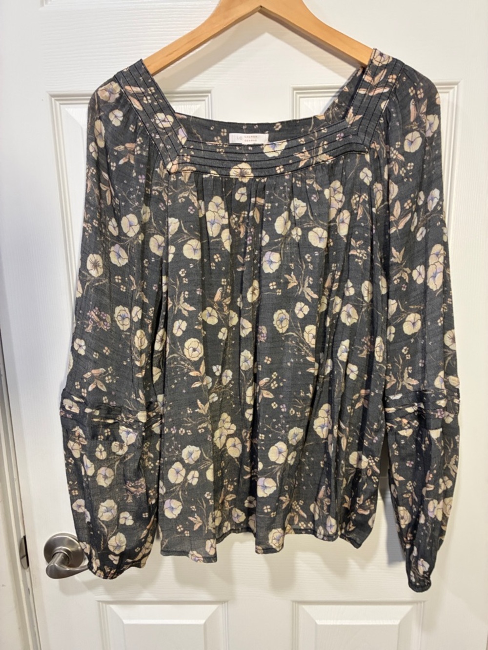 LC Lauren Conrad Charcoal Floral Square-Yoke Blouse